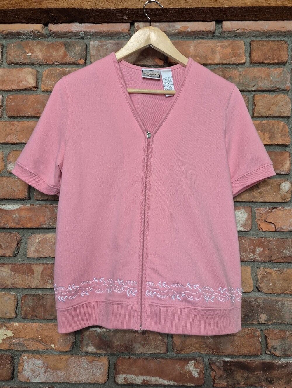 Napa Valley Petites Pink Embroidered Short Sleeve Zip-Up Sweatshirt Top M